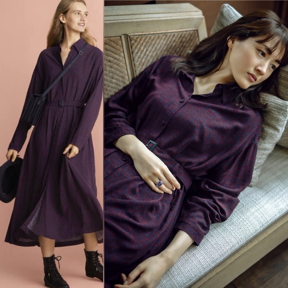 Uniqlo Ines De La Fressange Rayon Printed Belted Long Sleeve Midi Shirt Dress
